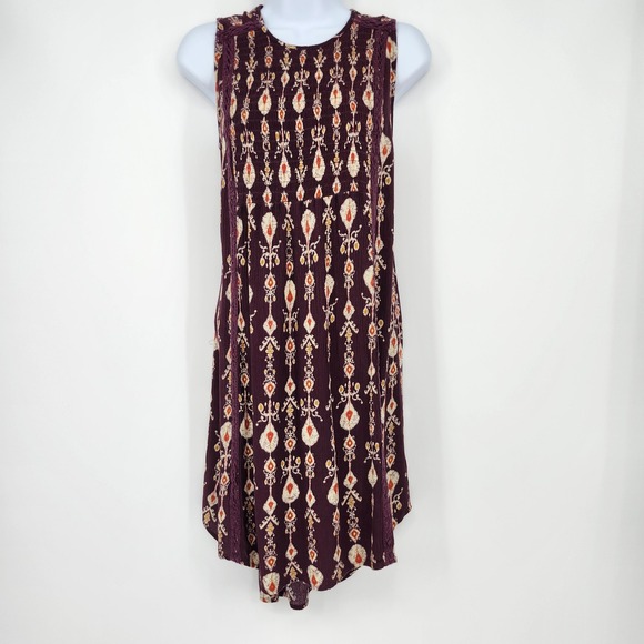 Knox Rose Dresses & Skirts - Knox Rose Earthy Indie Boho Ikat Dress Size S Purple Smocked Crochet Lace